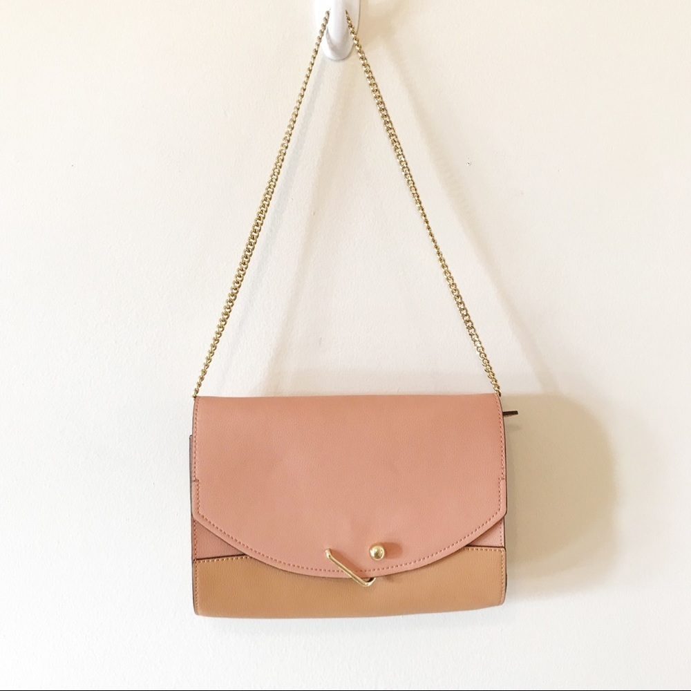 Like New Danielle Nicole Two Tone Blush & Tan Purse With Metal Chain Strap